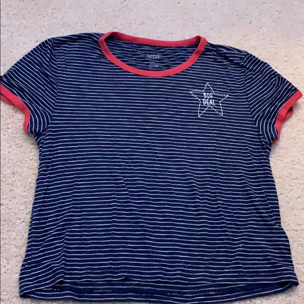 Blue striped top with red edges
